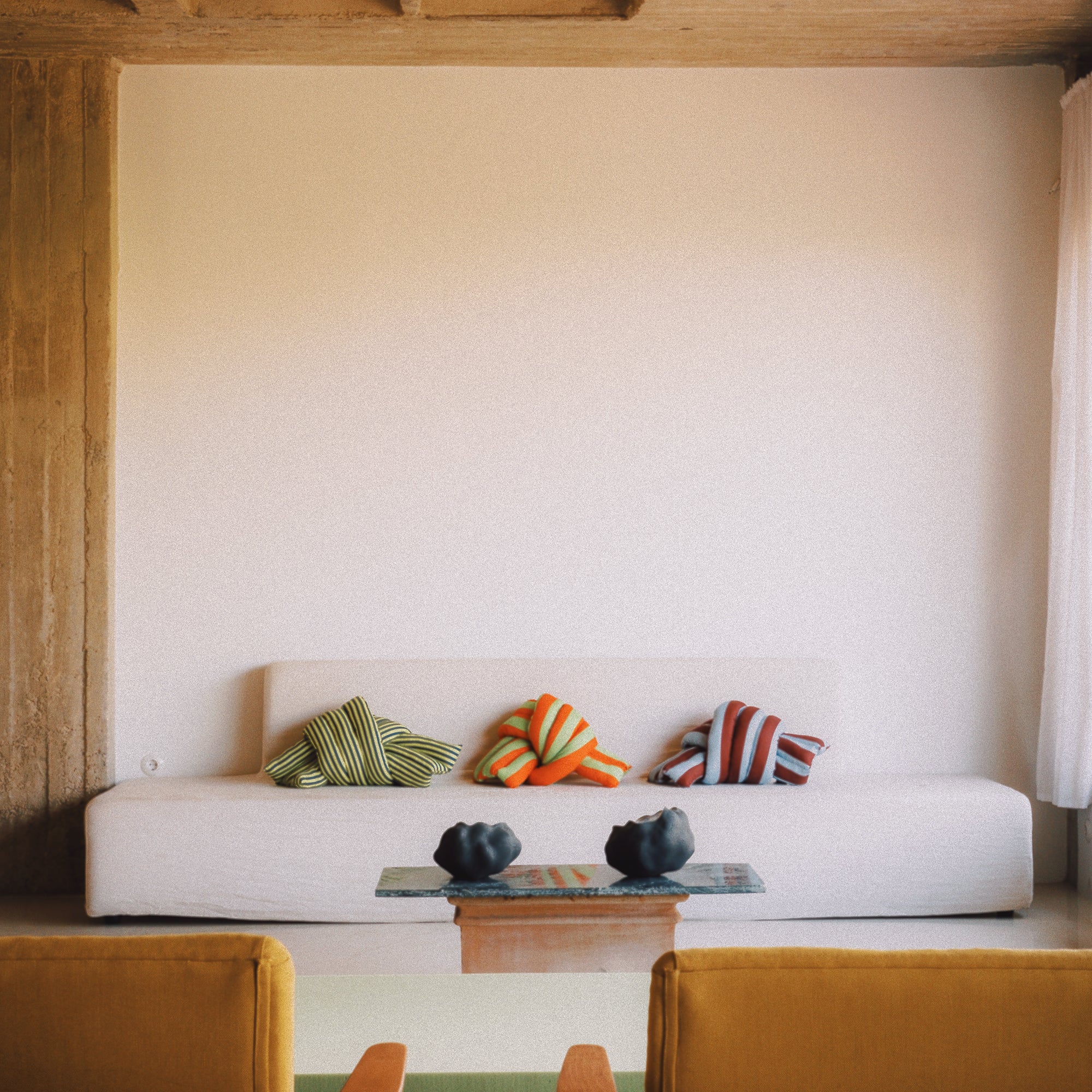 Musubi Cushion - Linen&Rayon | Candy Stripes in Steel Blue x Burgundy