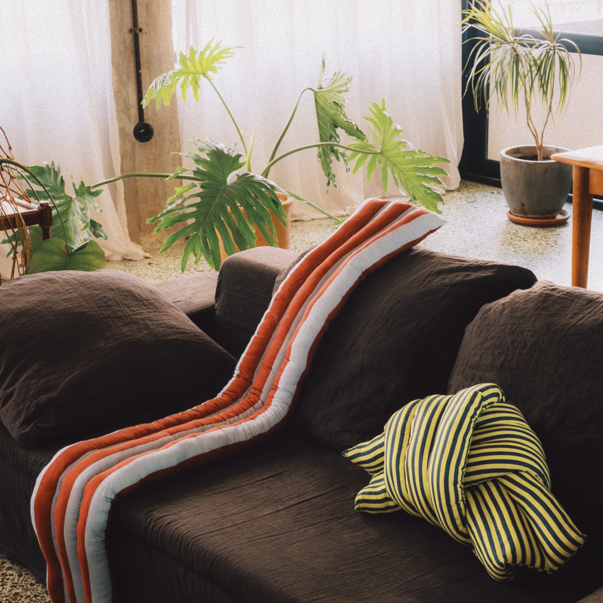 Musubi Cushion - Linen&Rayon | Candy Stripes in Chartreuse Yellow x Midnight Navy