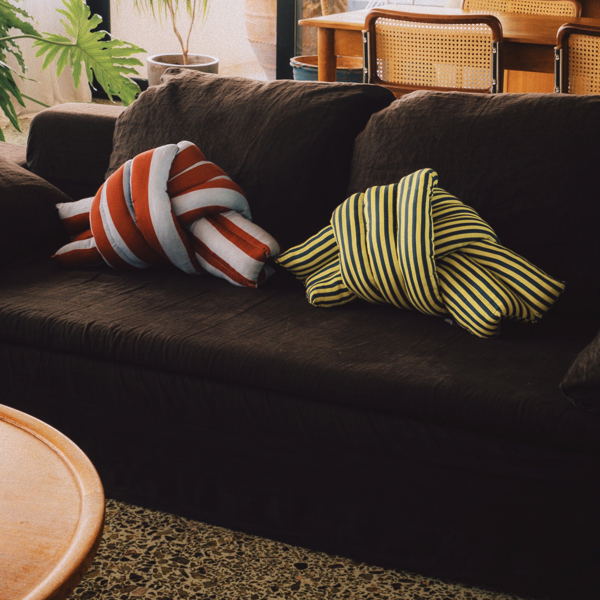 Musubi Cushion - Linen&Rayon | Candy Stripes in Chartreuse Yellow x Midnight Navy