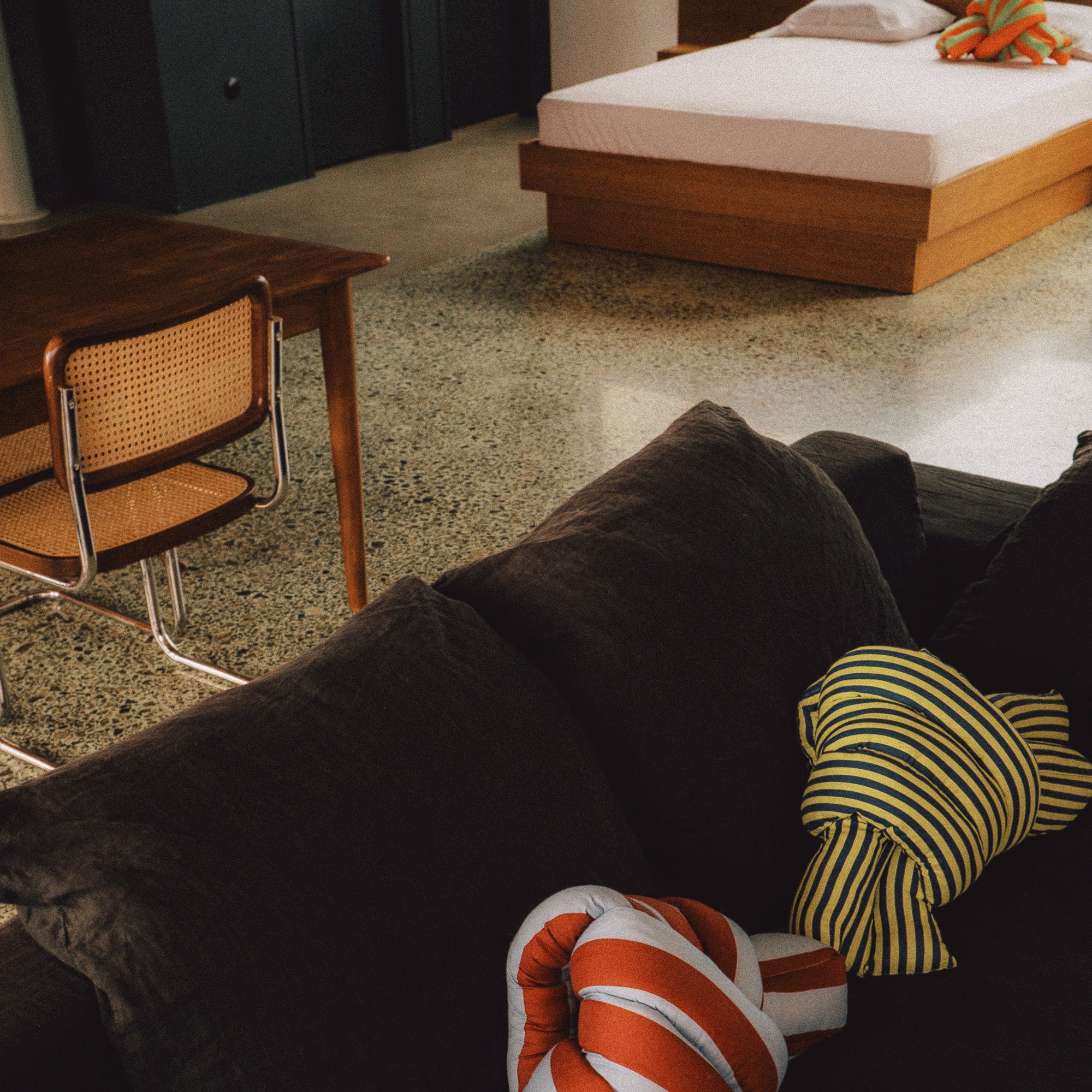 Musubi Cushion - Linen&Rayon | Candy Stripes in Chartreuse Yellow x Midnight Navy