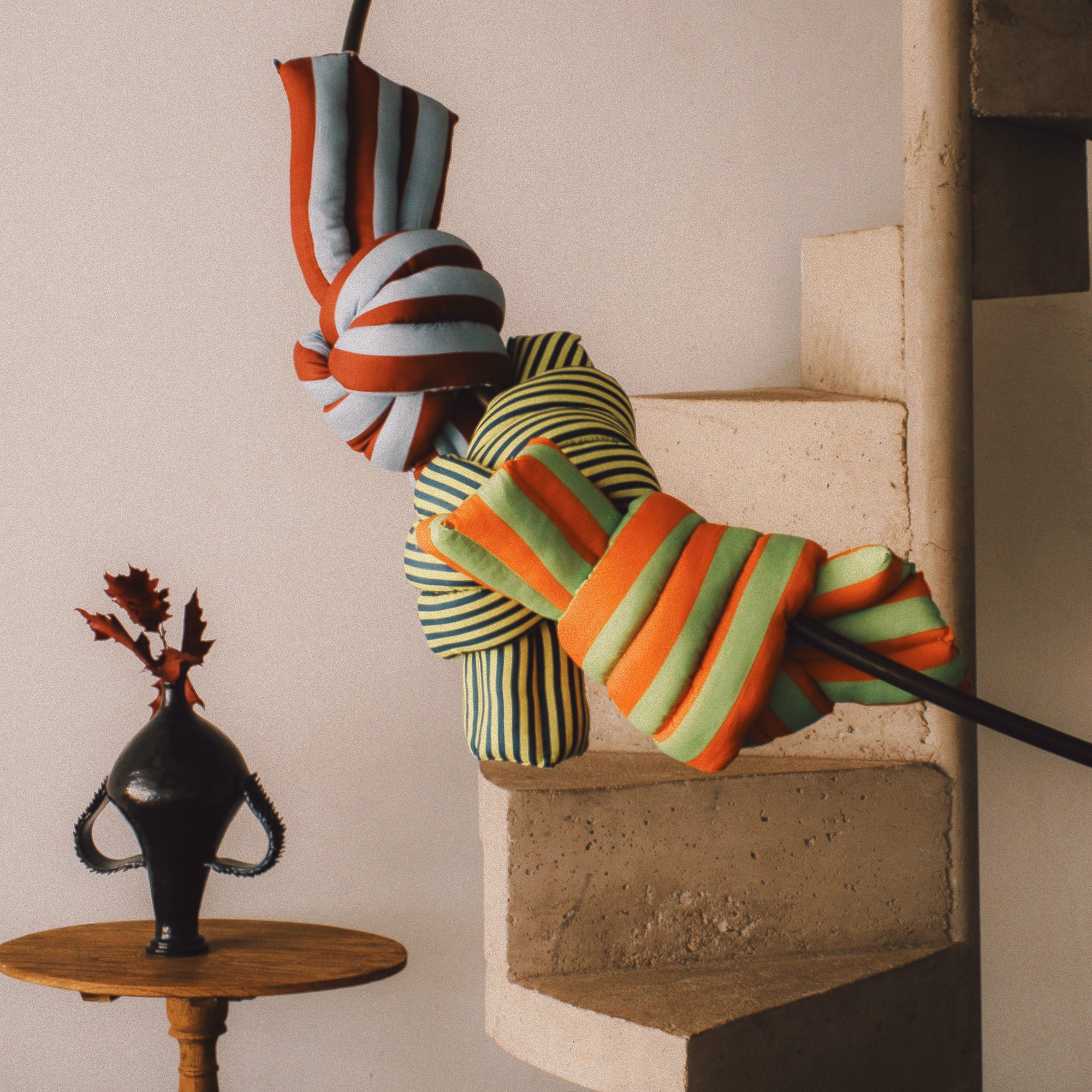 Musubi Cushion - Linen&Rayon | Candy Stripes in Steel Blue x Burgundy
