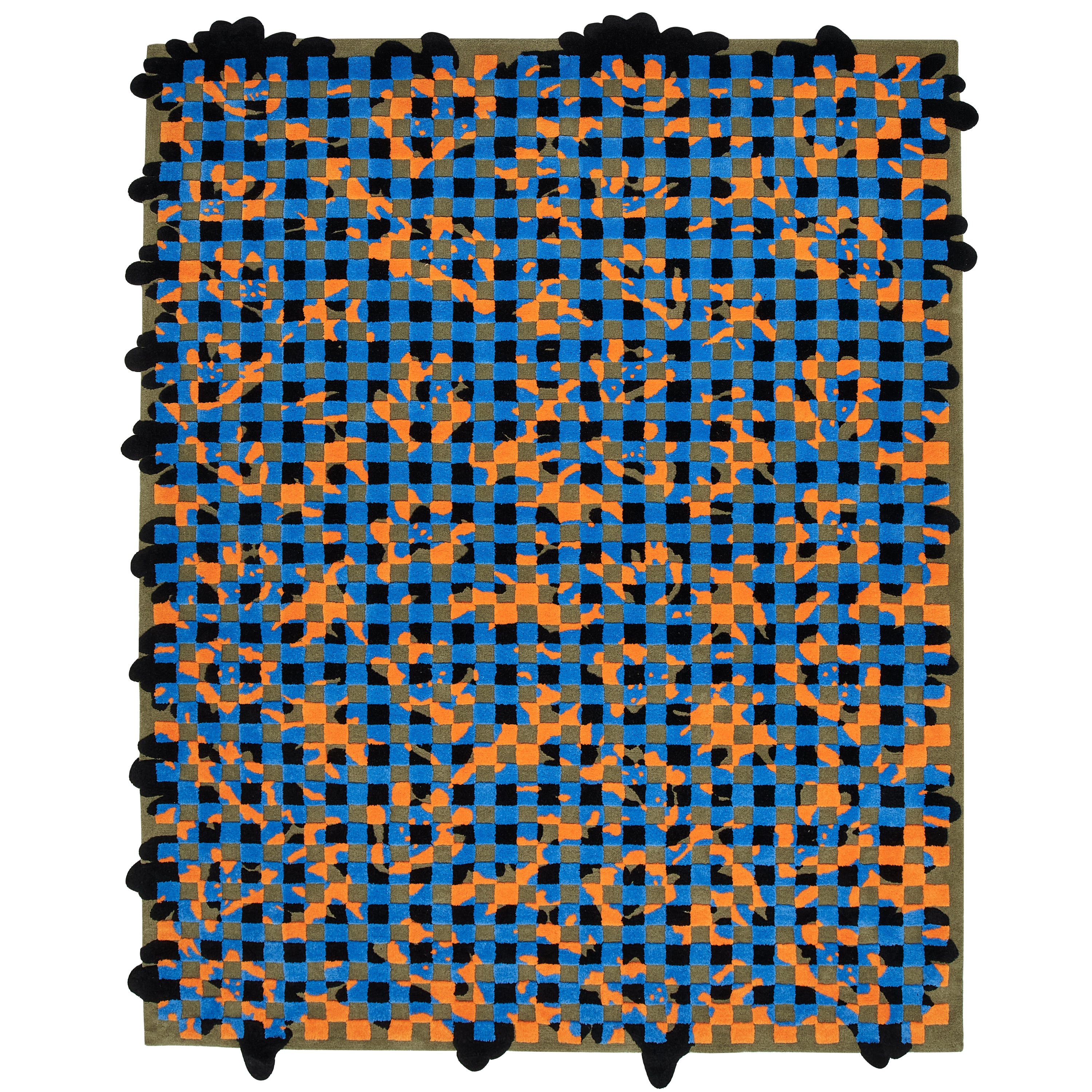 Geometaric flower pattern rug - Blue x Khaki