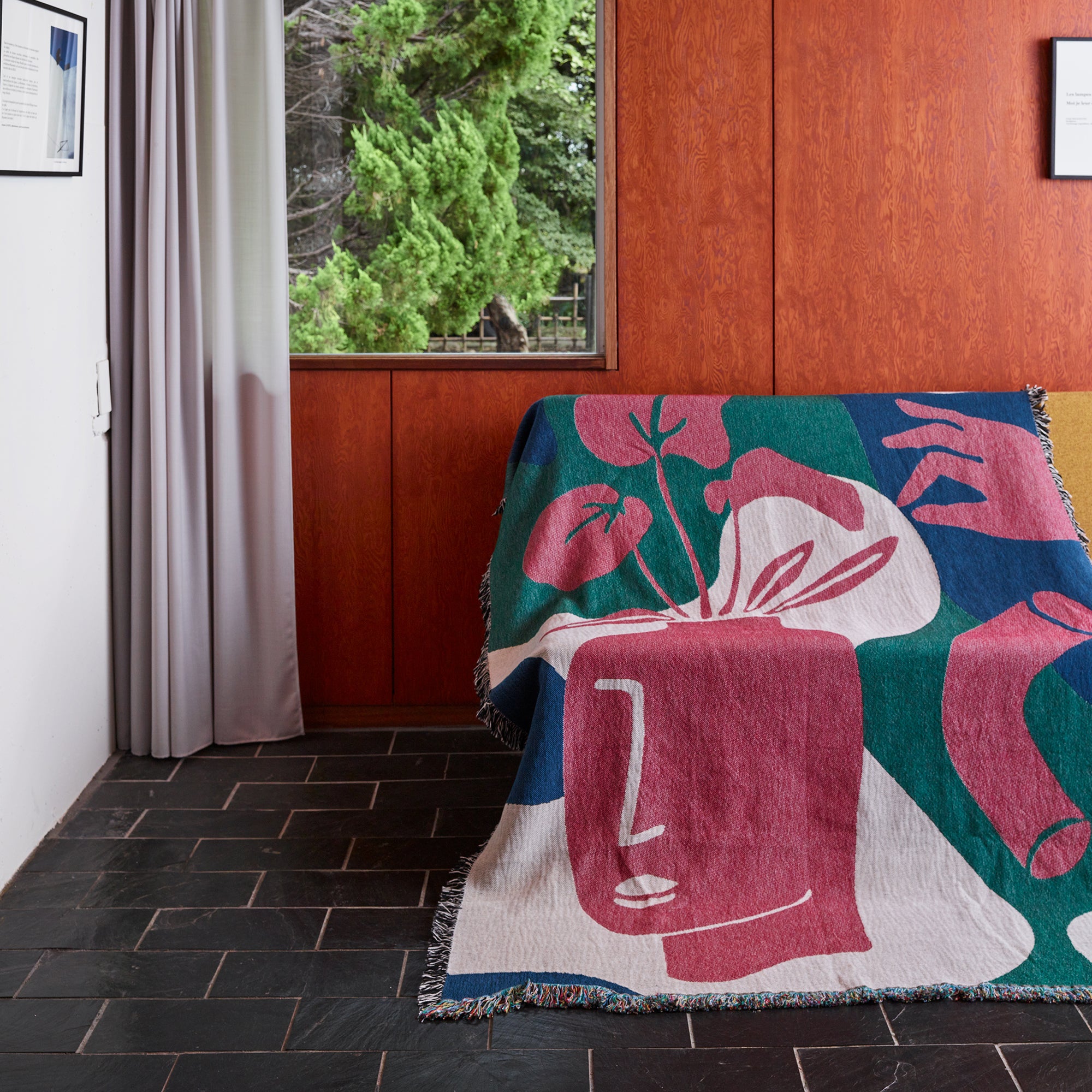 Woven throw blanket - Abstract Human Face Flower Pot