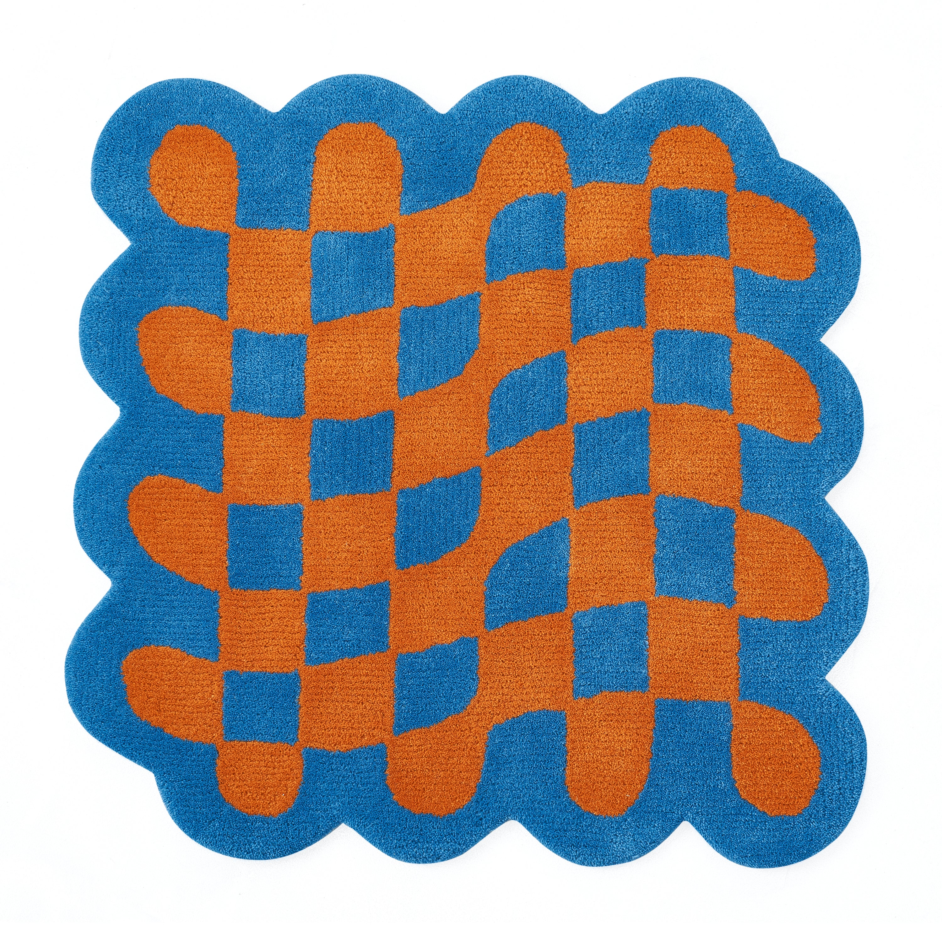 Wavy chess board rug - Mediterranean blue x Jaffa orange