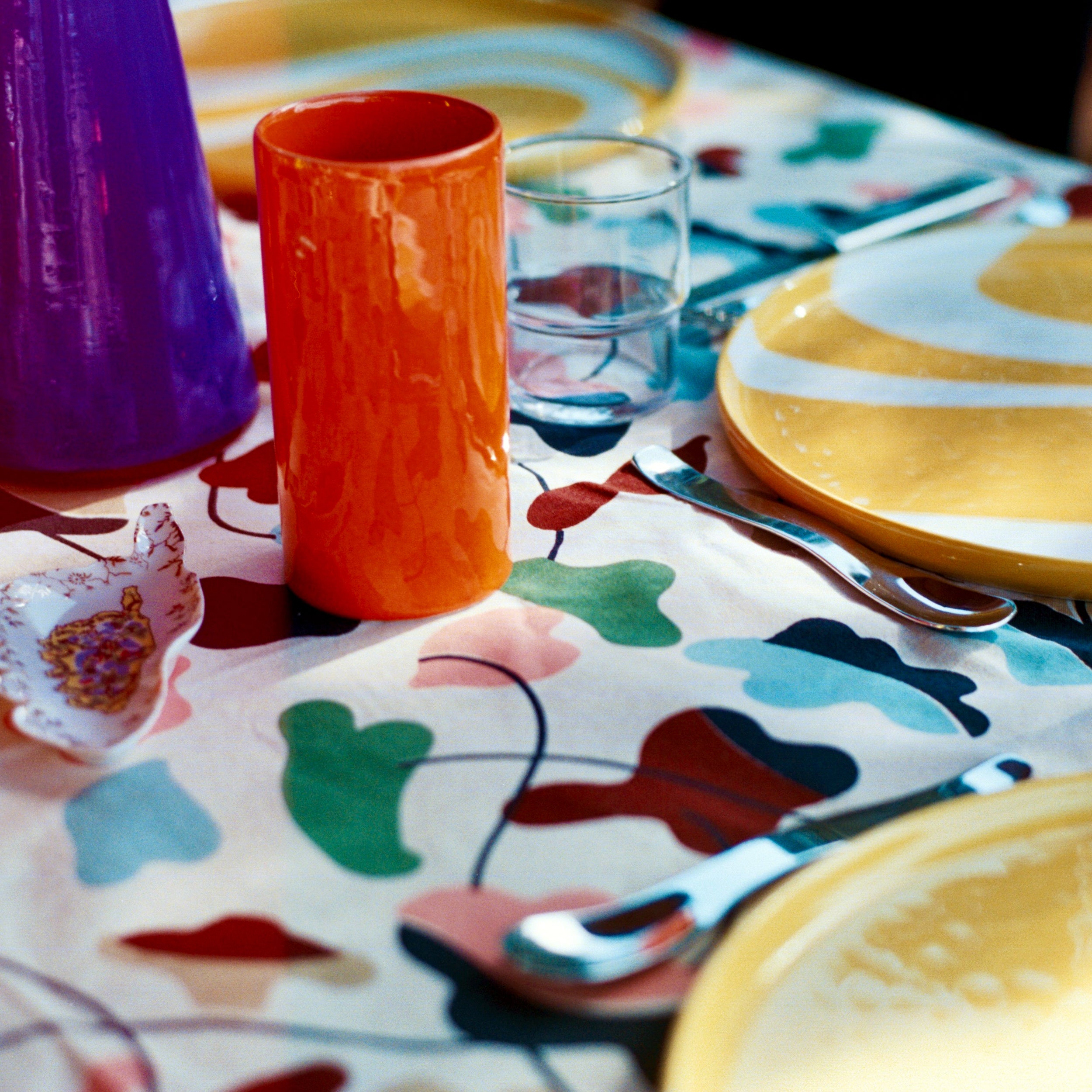 Hand screen printed cotton table cloth - Amoeba floral pattern