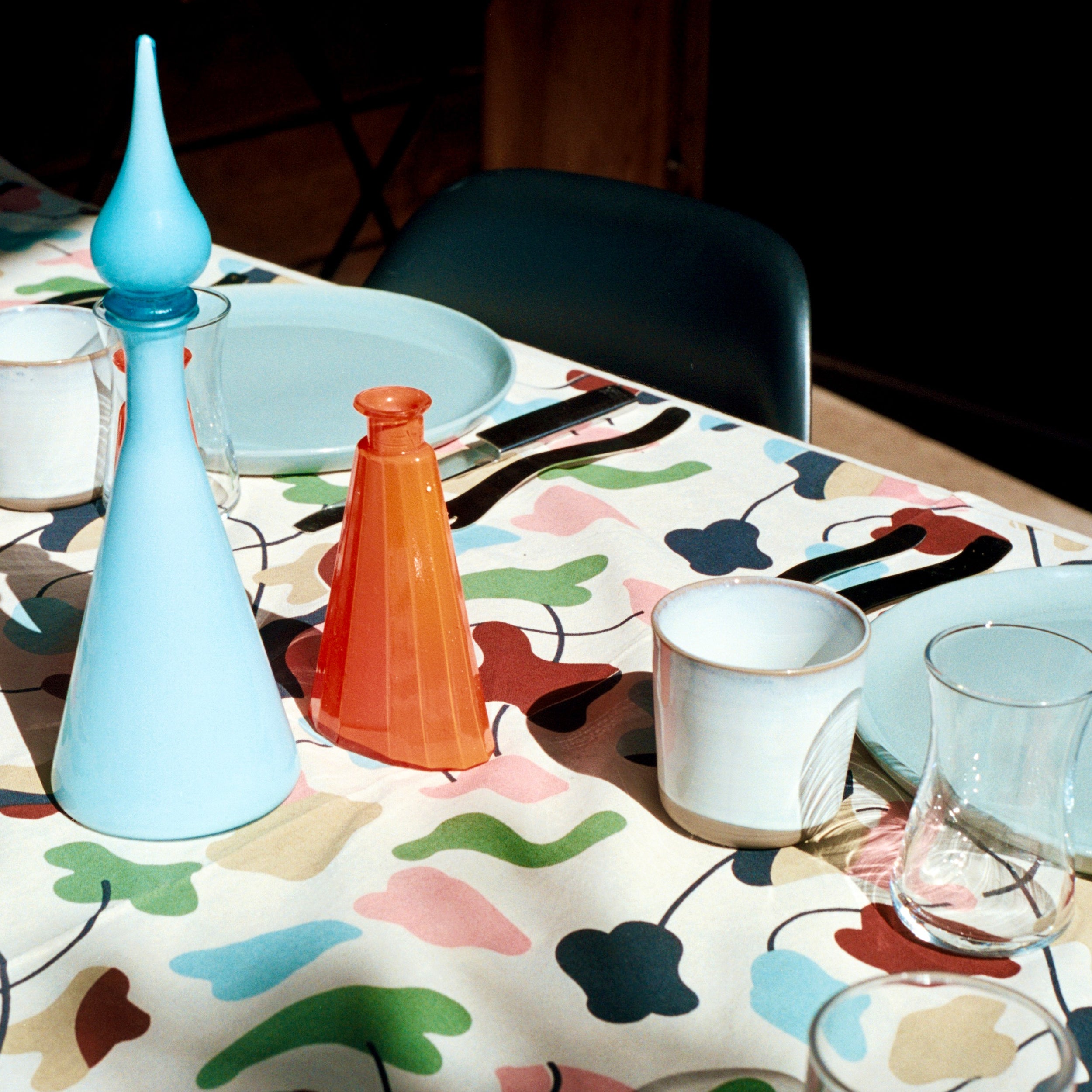 Hand screen printed cotton table cloth - Amoeba floral pattern