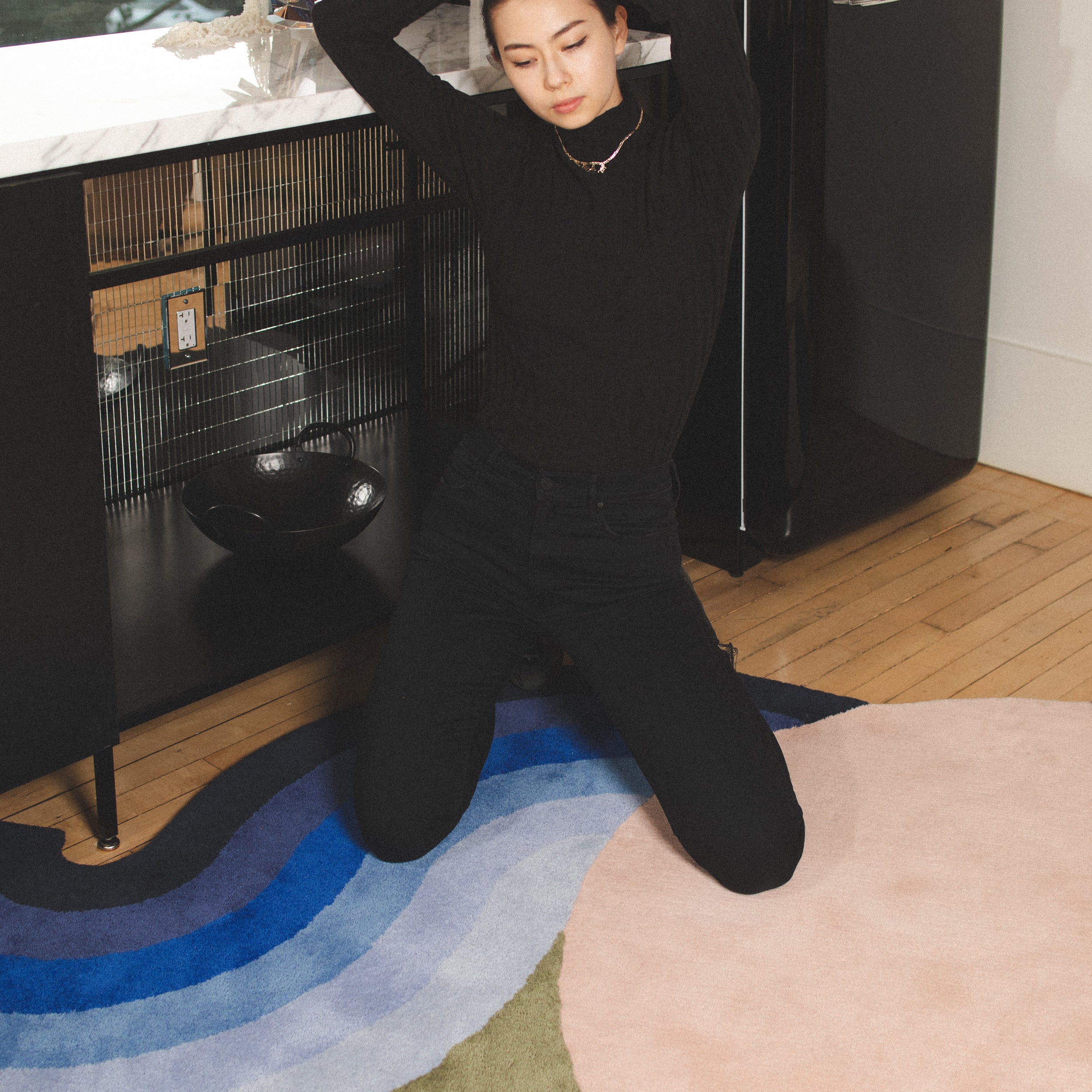 물결 모양의 그라데이션 양탄자 깊은 녹색 x 먼지 핑크색