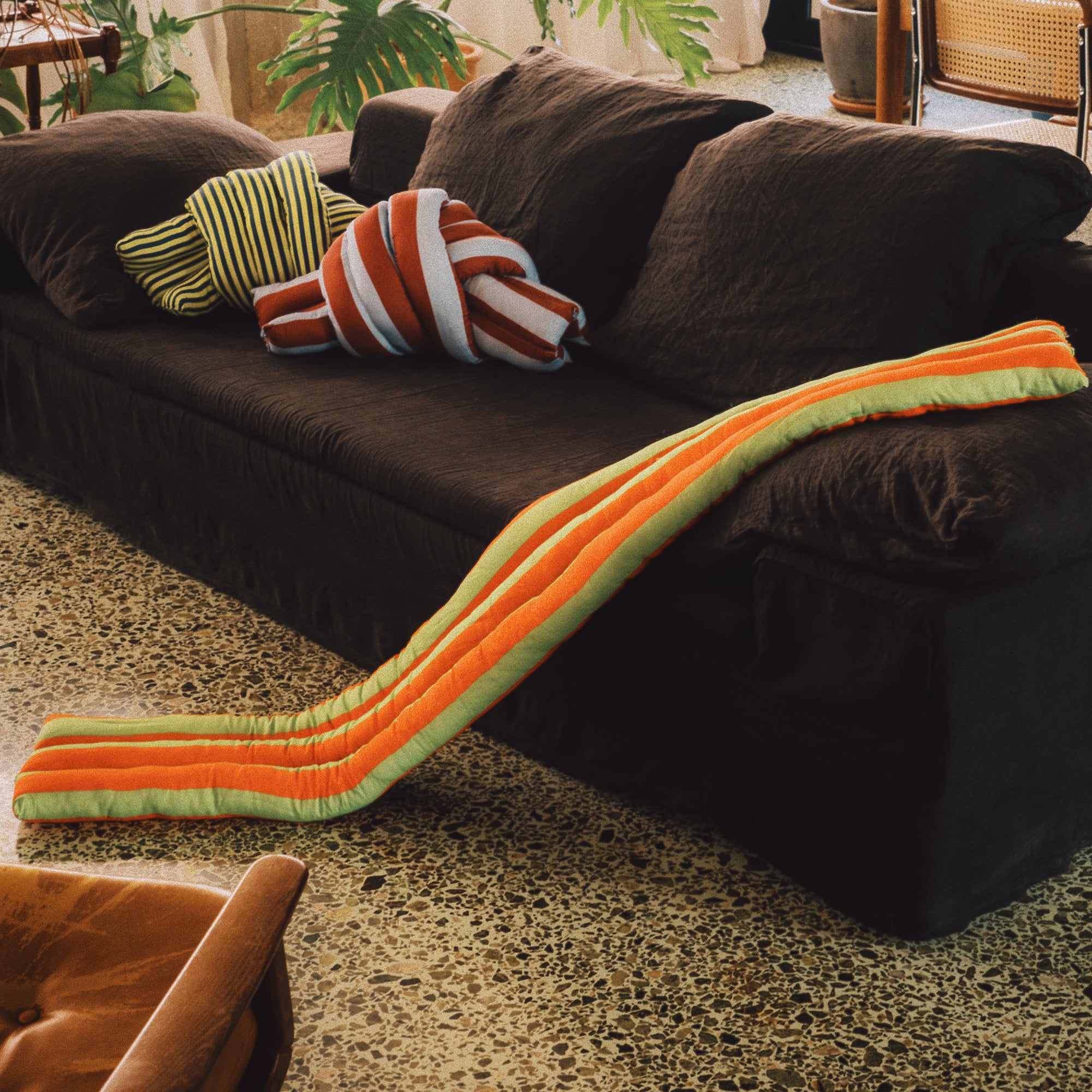 Musubi Cushion - Linen&Rayon | Candy Stripes in Pumpkin x Lime Green