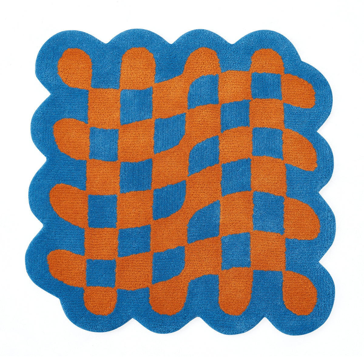 Blue Chess Rug Wavy chess board rug - Mediterranean blue x Jaffa orange