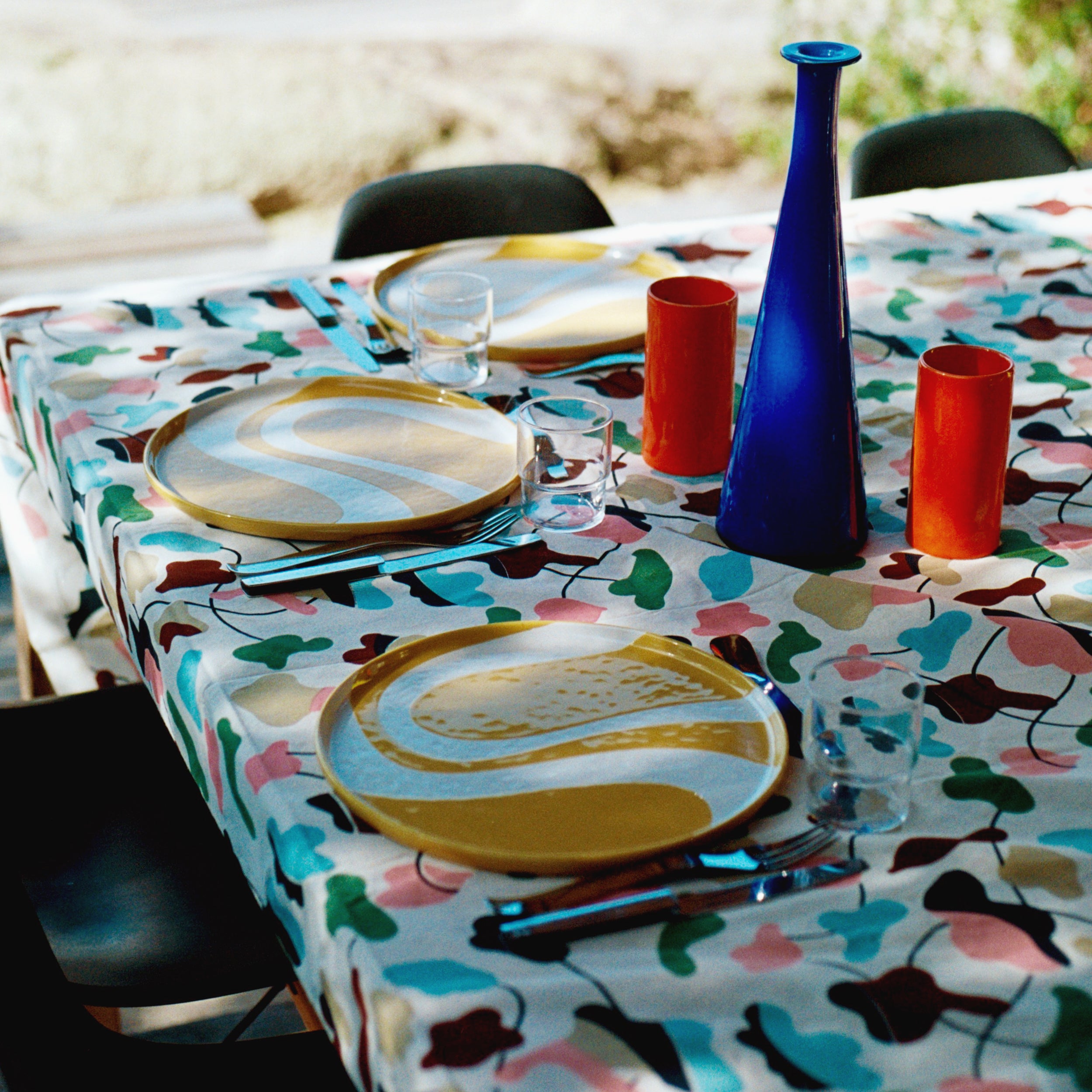 Hand screen printed cotton table cloth - Amoeba floral pattern