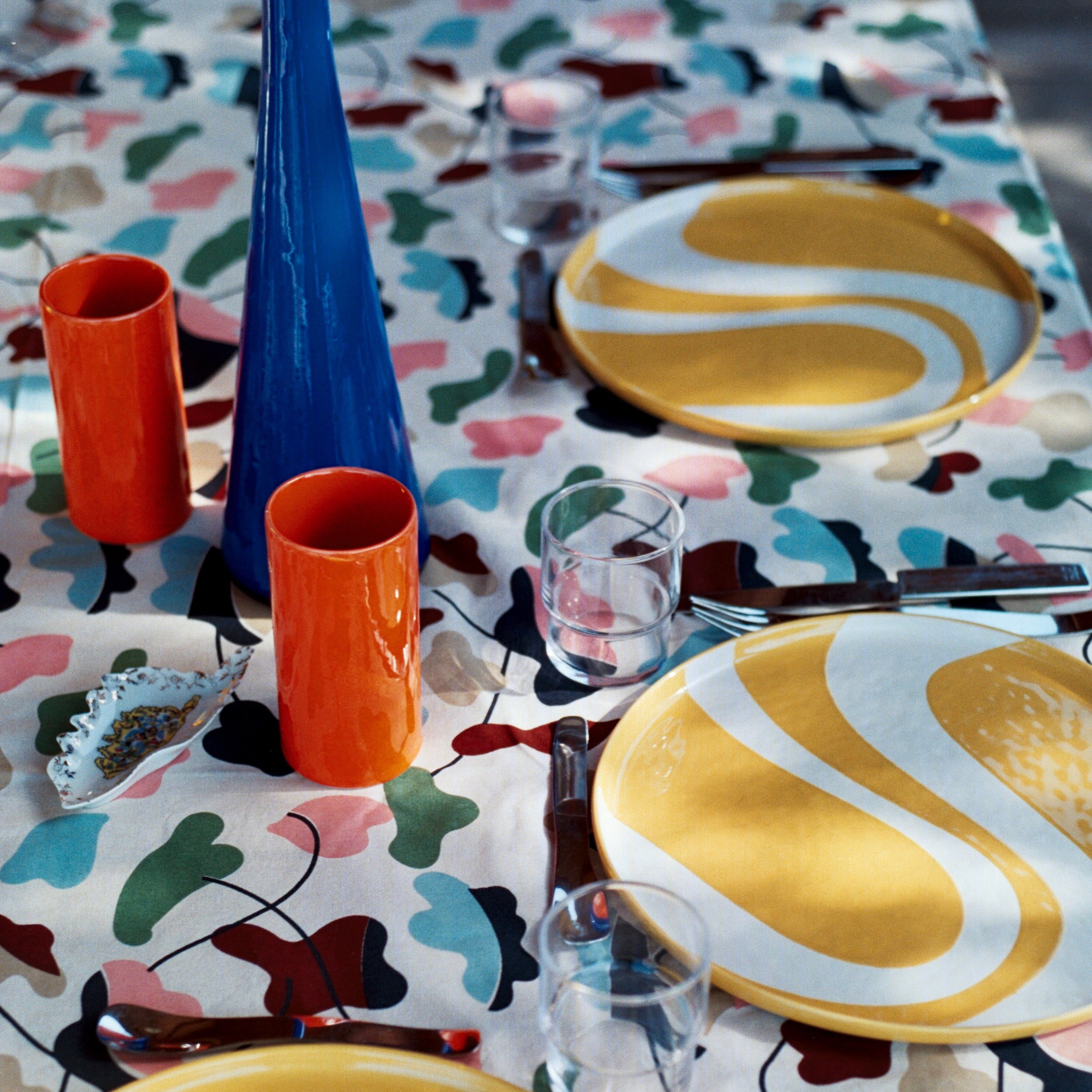 Hand screen printed cotton table cloth - Amoeba floral pattern